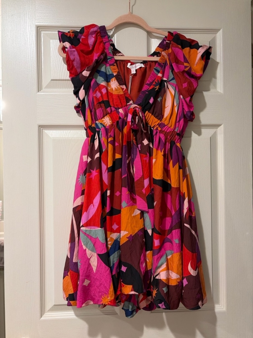 Women’s Abstract Floral Tie-Front Mini Dress in Pink & Orange Bubble hem